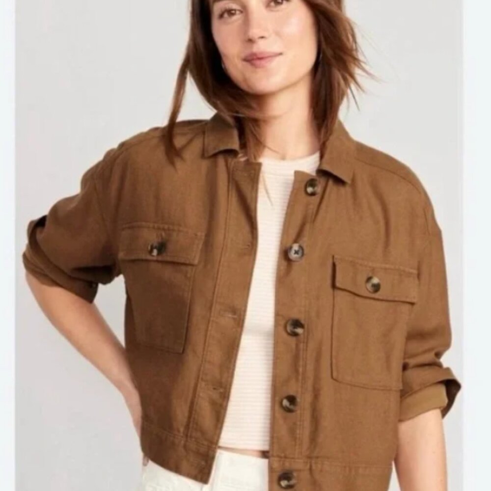 NWT Old Navy Linen-Blend Cropped Utility Jacket for Women in brown small